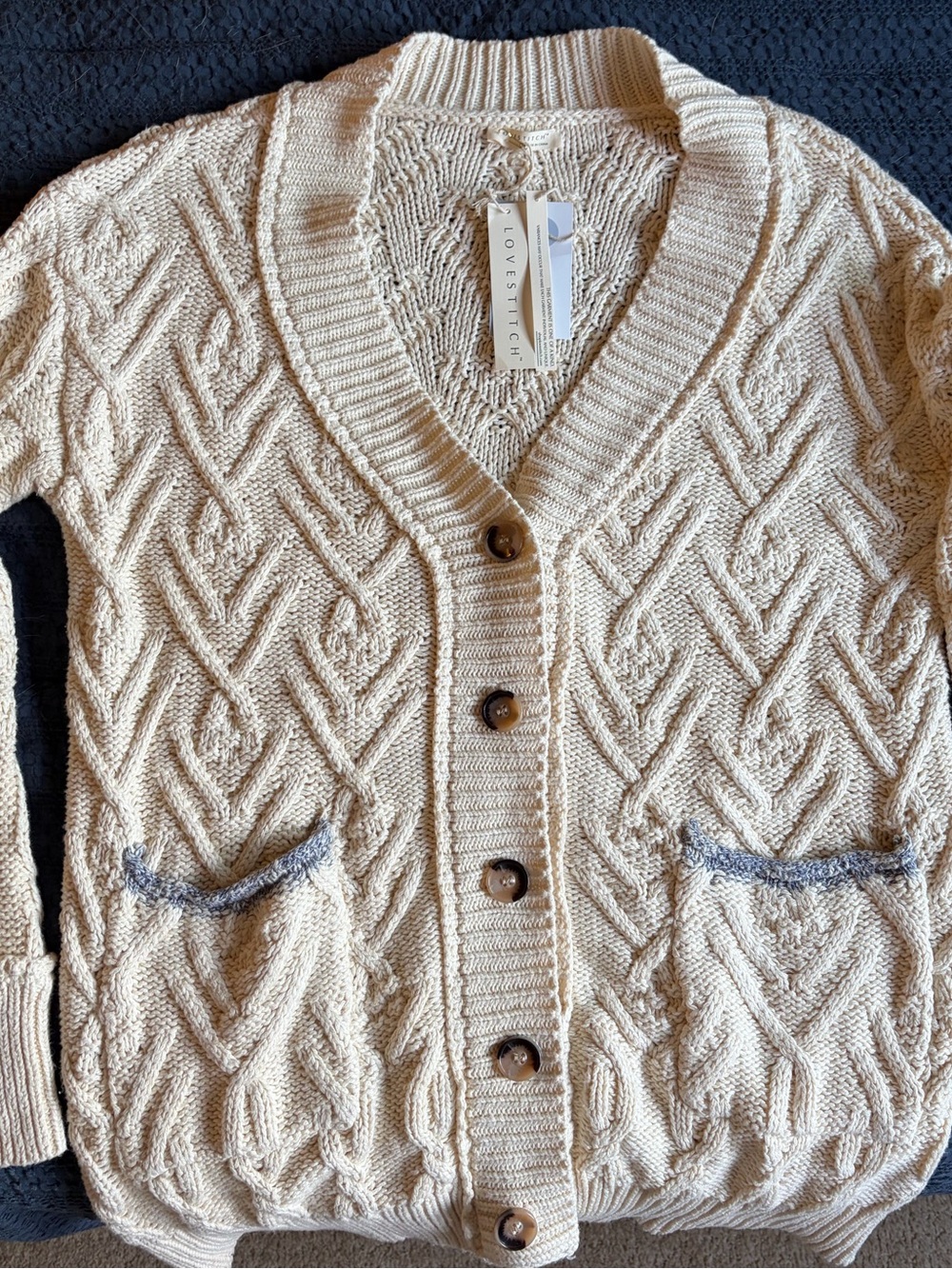 lovestitch Cream Cable Knit Button Cardigan with Pocket Trim